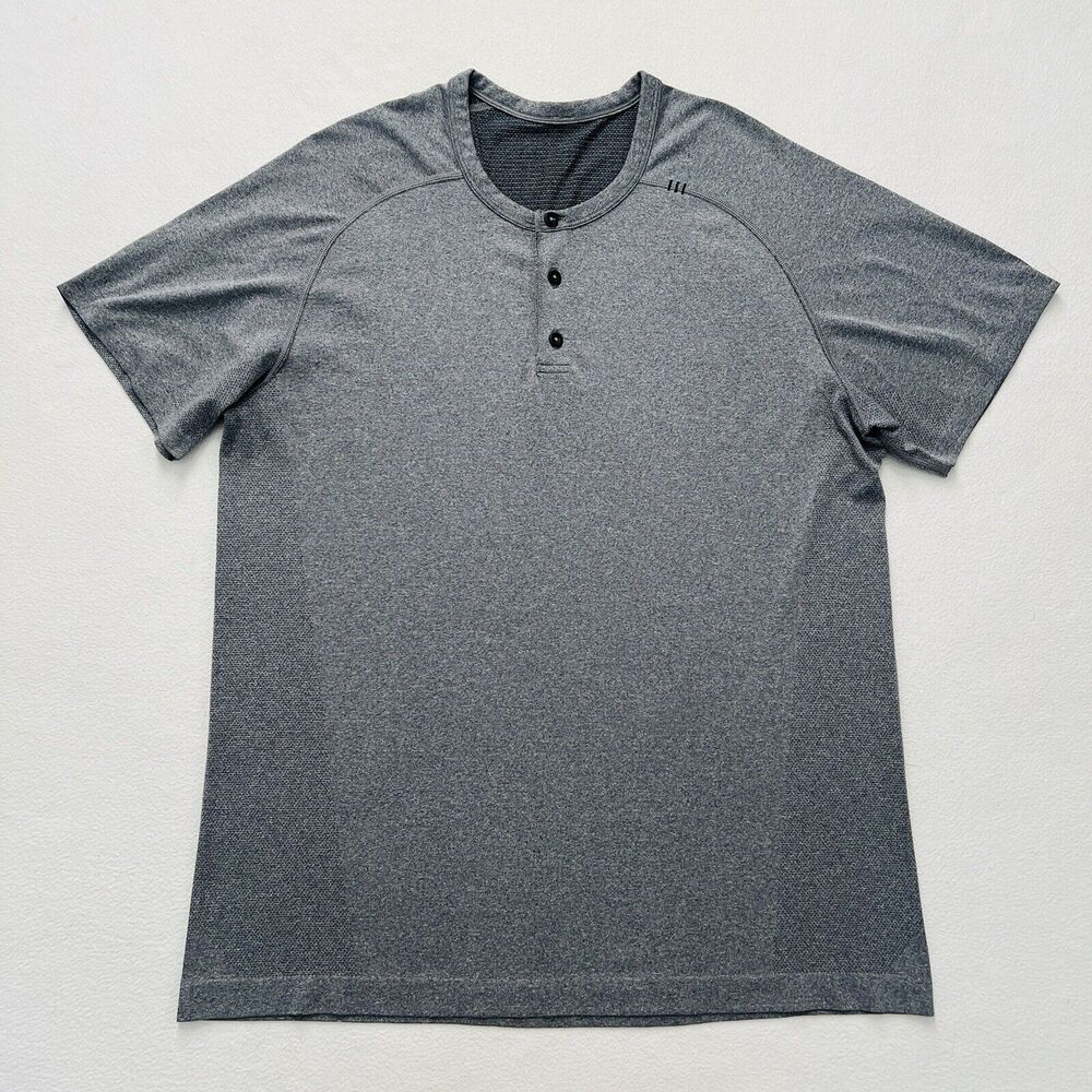 Lululemon Men Solid Gray Metal Vent Tech Short Sleeve Henley Seamless Shirt XL